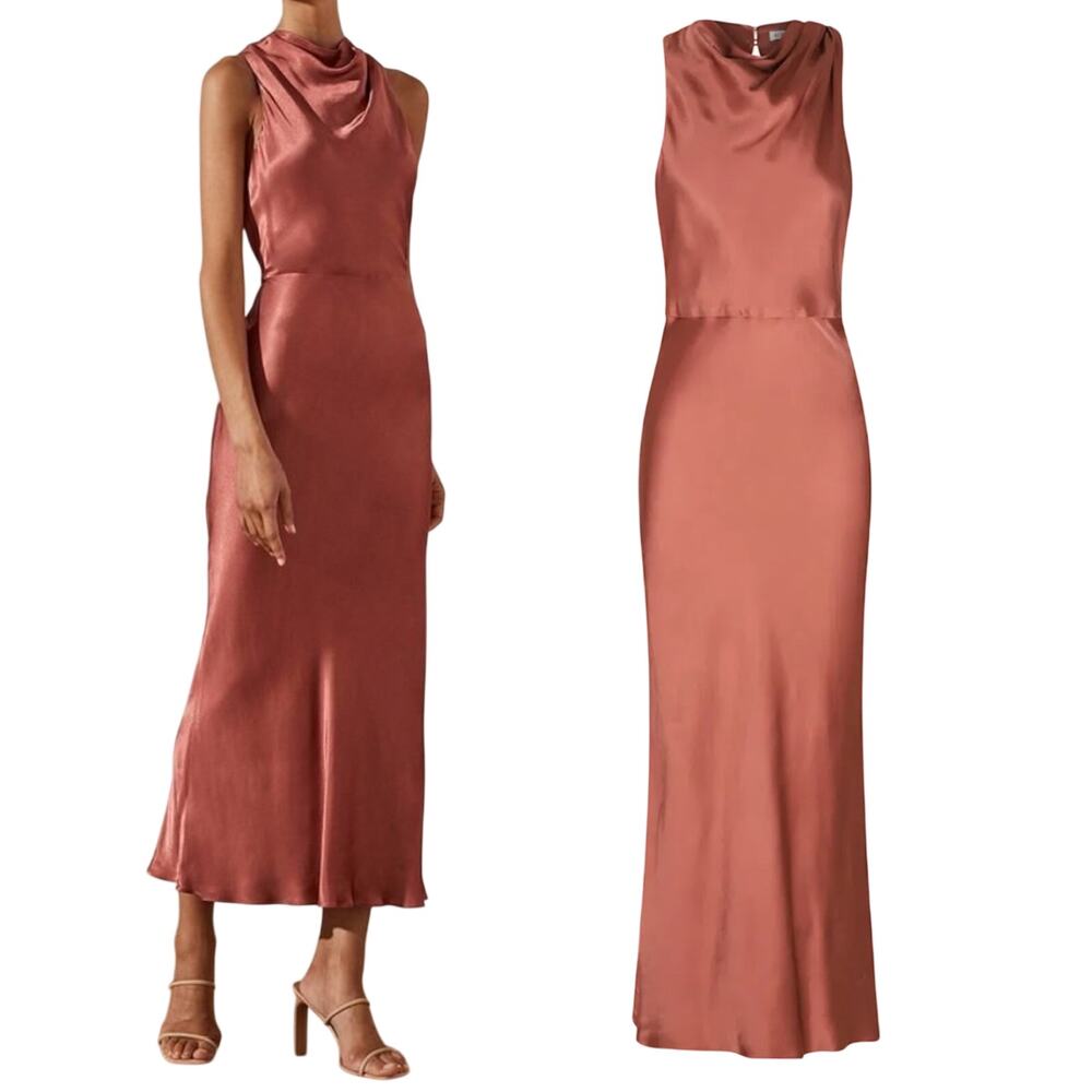 Shona Joy La Lune Satin High Neck Cowl Midi Dress Bias Cut Terracotta US 6